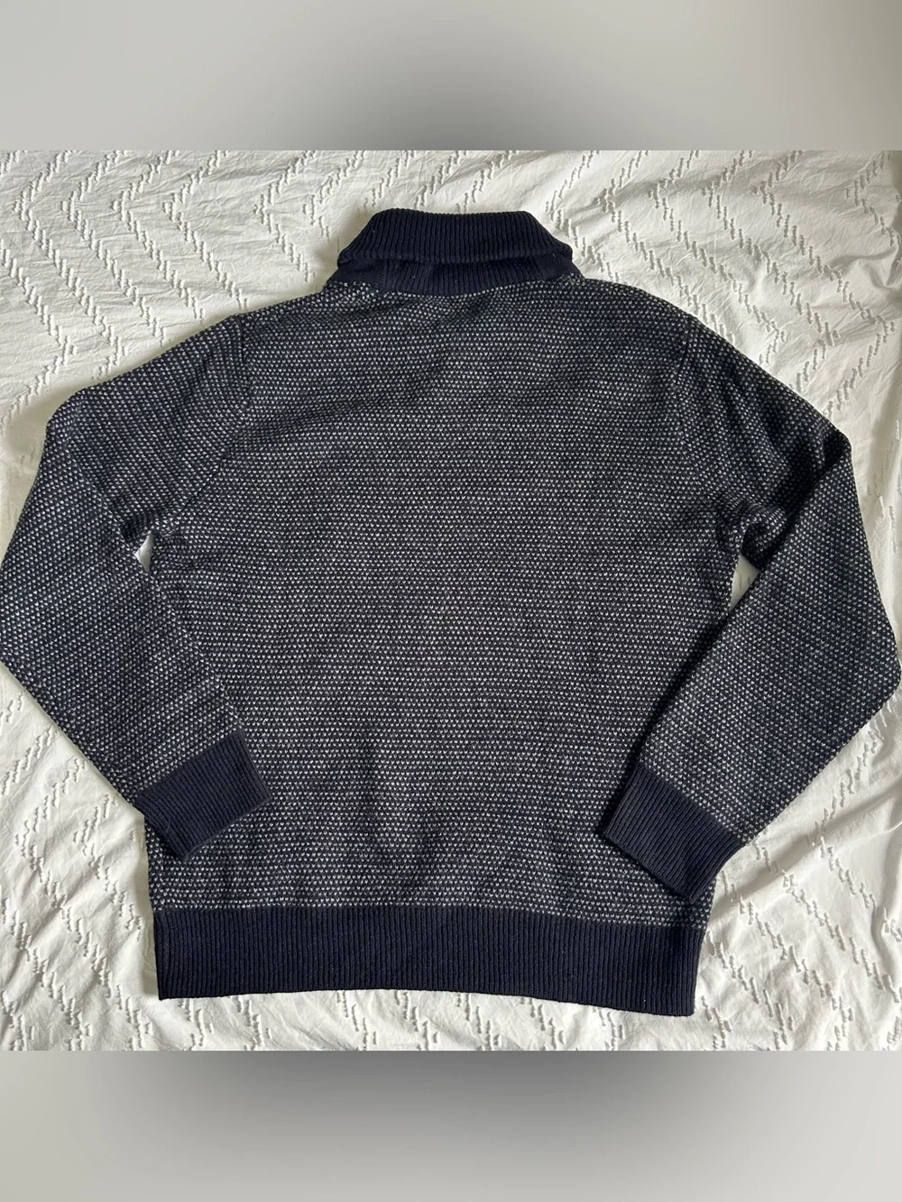 J.Crew Mens 100% Lambswool Birdseye Shawl Collar Sweater Large Blue Wool Buttons